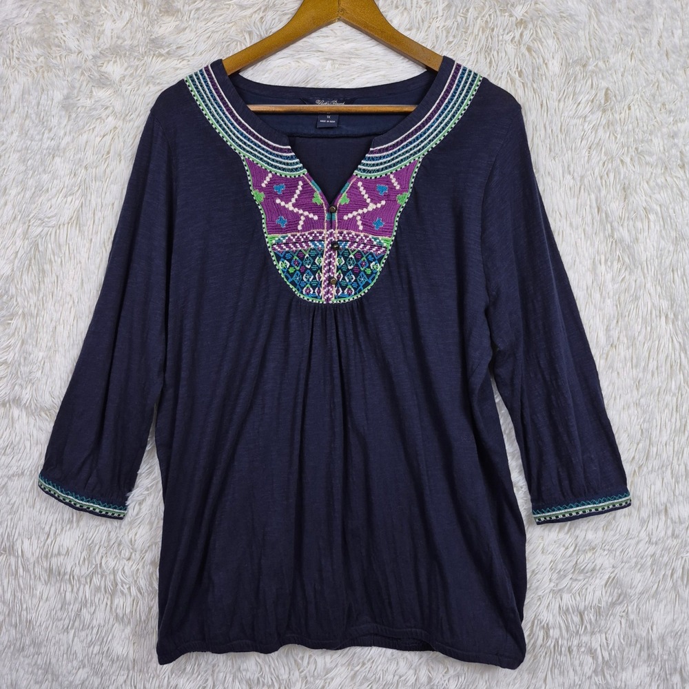 Lucky Brand Navy Blue Embroidered Boho Top 1X 3/4 Sleeve Southwestern Coastal